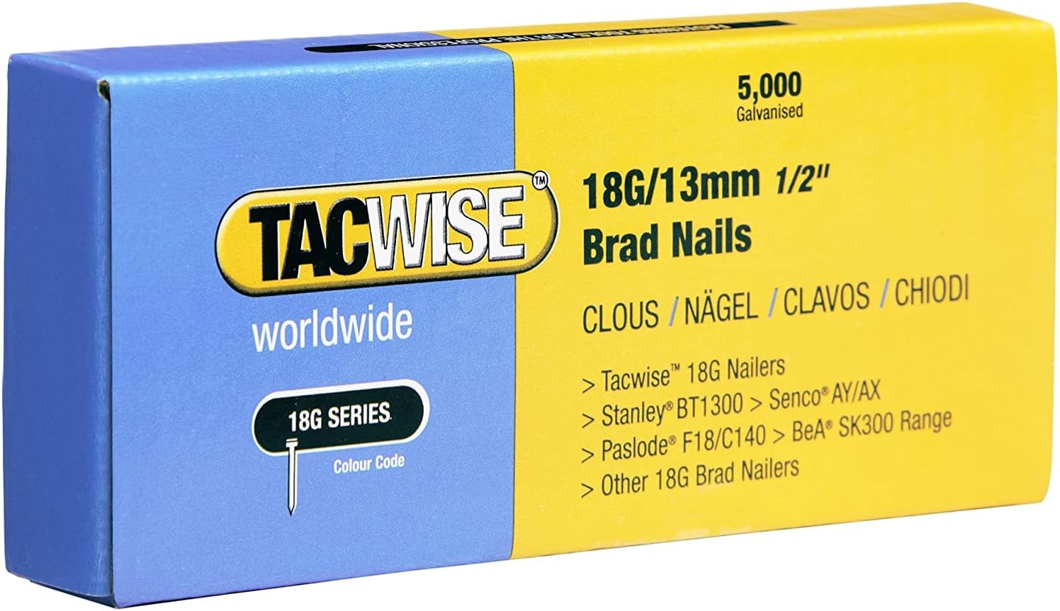 BRAD NAILS, BRAND, CATEGORY, TACWISE, 0393 Type 18G / 13 mm Galvanised Brad Nails, Pack of 5,000, Silver