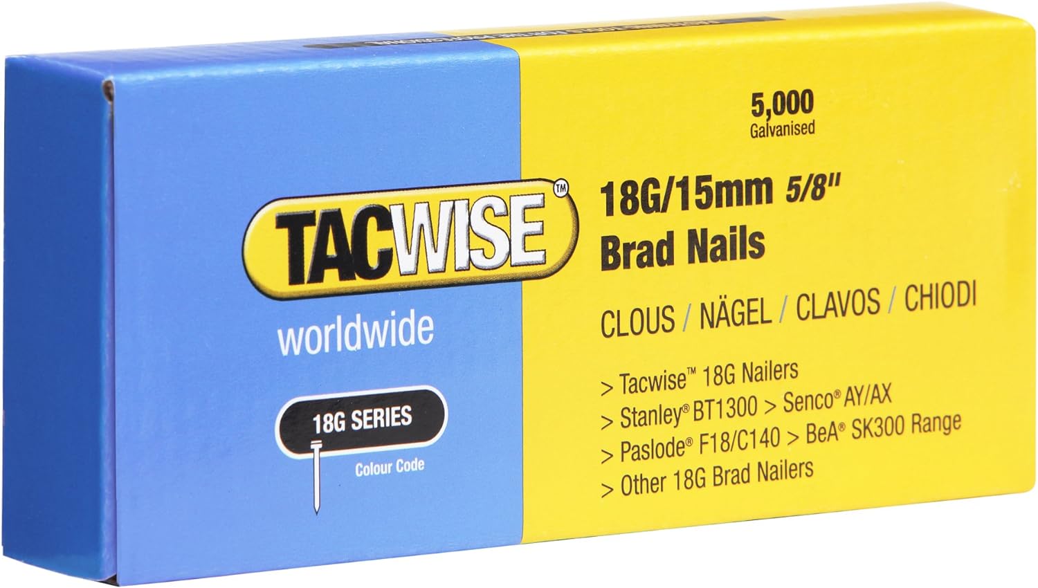 BRAD NAILS, BRAND, CATEGORY, TACWISE, 0394 Type 18G / 15 mm Galvanised Brad Nails, 5000 Pack, Silver