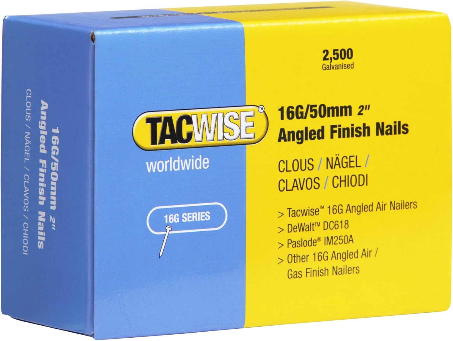 BRAND, CATEGORY, FINISH NAILS, TACWISE, 0773 2-1/2 Inch Angled Nails for Dewalt DC618KB/Paslode IM250A/IM65A F16 Nailers, 2500-Pack (0773)