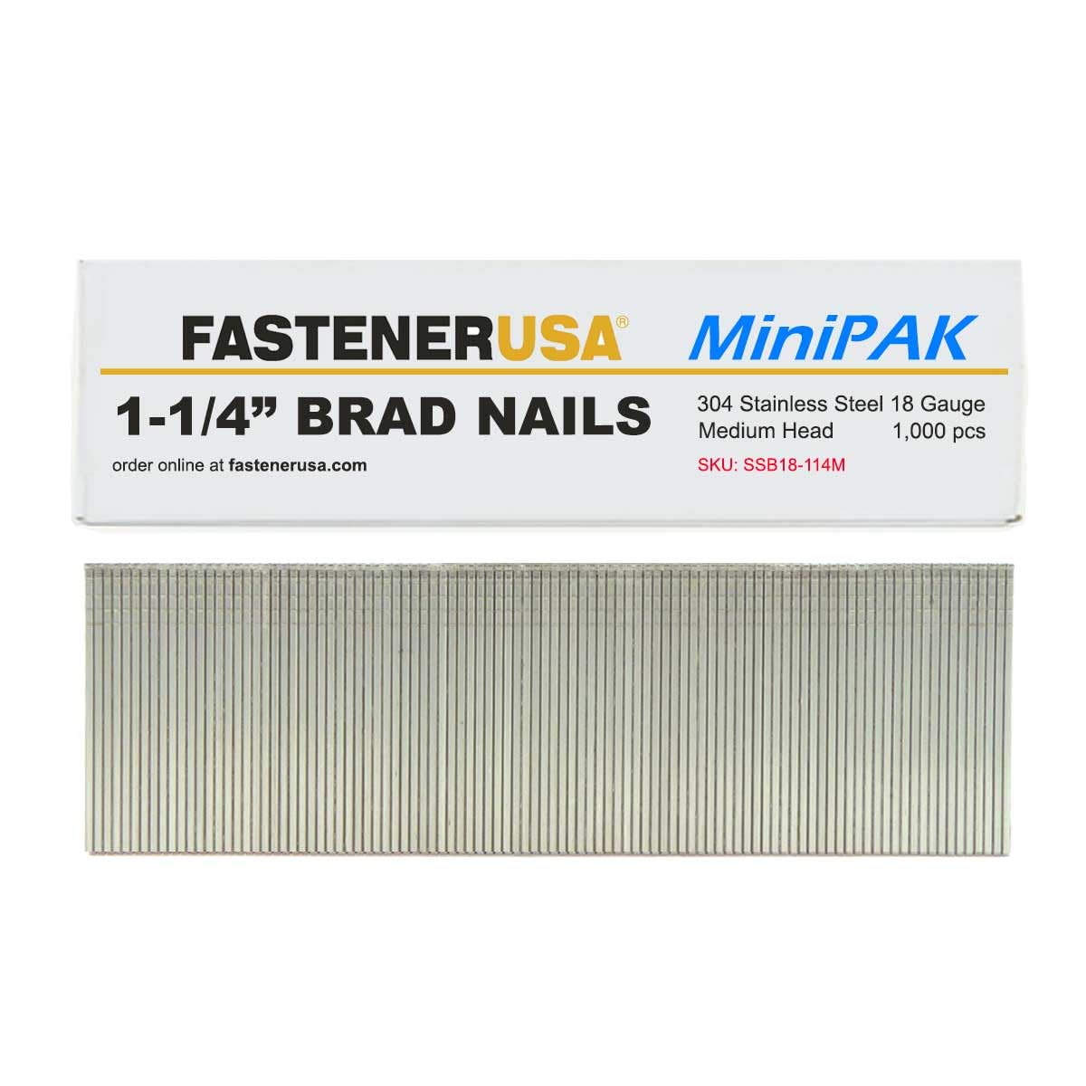 BRAD NAILS, BRAND, CATEGORY, FASTENERUSA, 1-1/4" BRAD NAILS 18GA 304SS 1,000ct | SSB18-114M