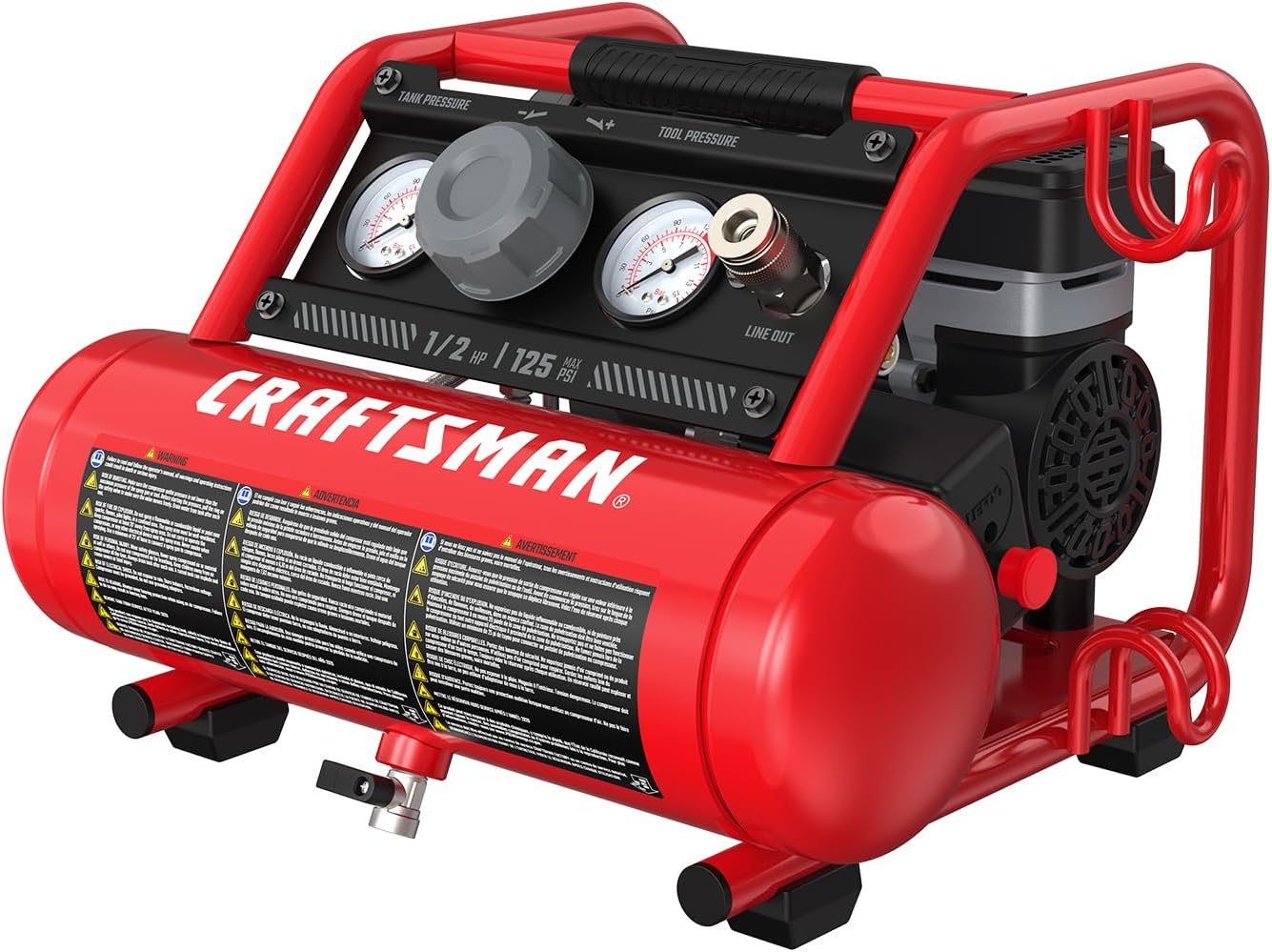 BRAND, CATEGORY, CRAFTSMAN, PORTABLE AIR COMPRESSORS, 1 Gallon Ultra Quiet Air Compressor, CRAFTSMAN, Oil-Free 1/2 HP Max 125 PSI Horizontal Portable Air Compressor for Car Tires, Nail Gun and Pneumatic Tools