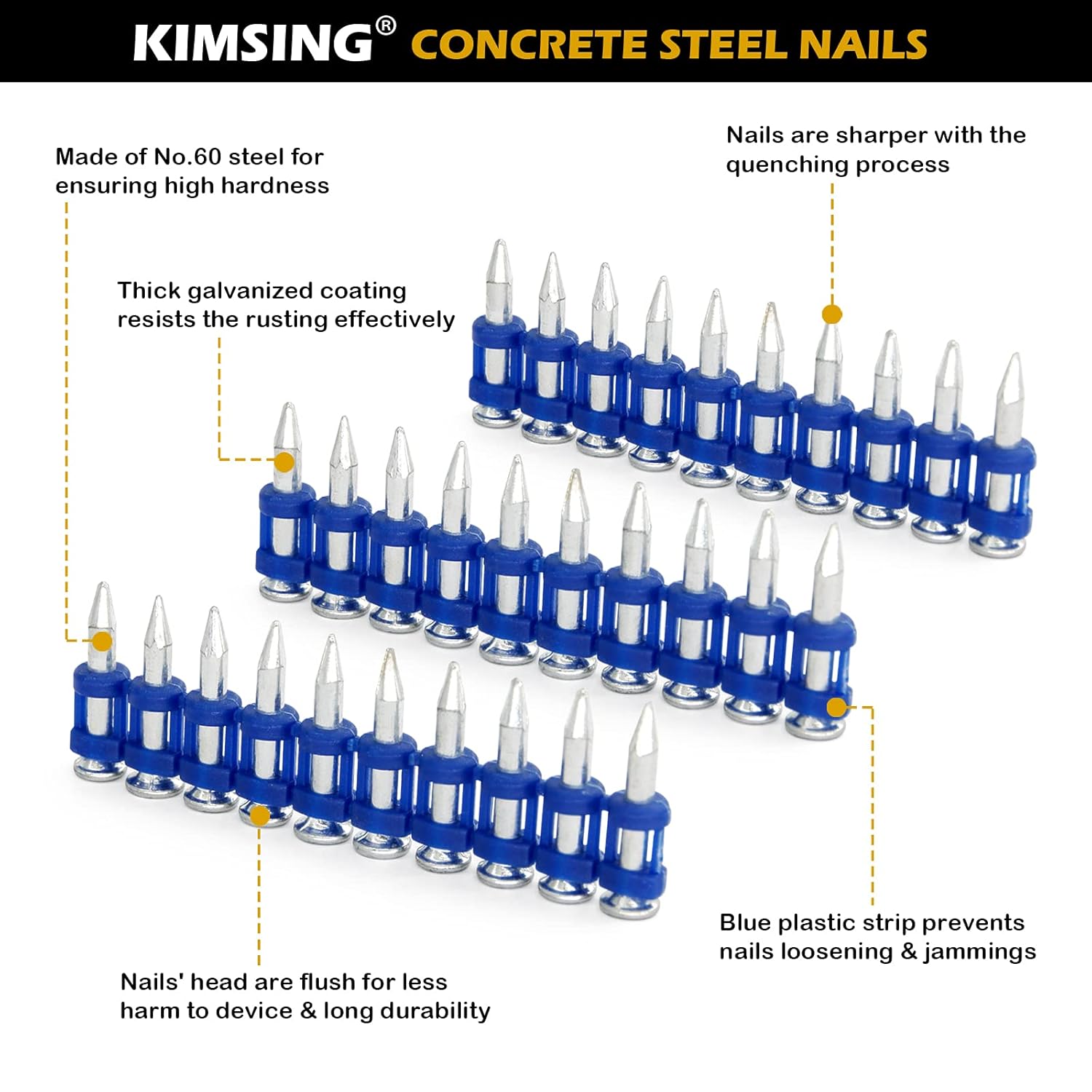 BRAND, CATEGORY, KIMSING, PINNER NAILS, 10 Boxes - KIMSING MTSD-22 12 Gauge 7/8 Inch X .109 Inch Smooth Shank Plastic Collated Concrete and Steel Drive Pin Mechanical Galvanized for Gas Power Concrete and Steel Nailer 1,000 PCS/Box