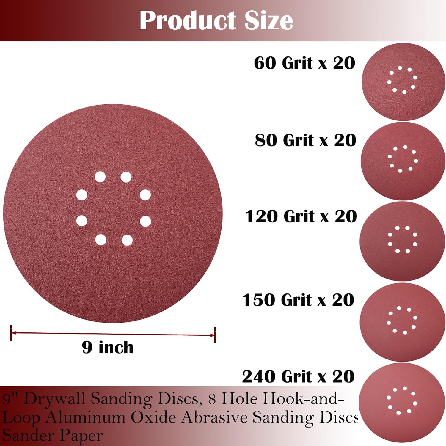 BRAND, CATEGORY, HOOK & LOOP DISCS, TONMP, 100 PCS 9 Inch 8 Hole Drywall Sanding Discs Set - 60 80 120 150 240 Grits，9" Hook and Loop Aluminum Oxide Sander Paper for ‎Drywall Sander Wood Furniture Finishing