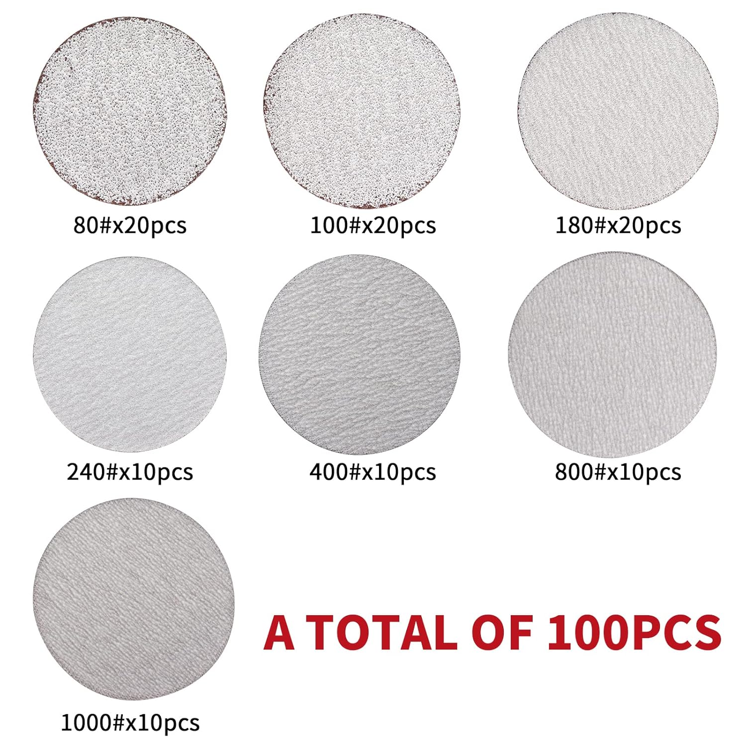 BRAND, CATEGORY, NUODUNCO, RANDOM-ORBIT SANDERS, 100 Pcs 3 Inch Premium Sanding Pads 80/100/180/240/400/800/1000 Grit White Coated Hook & Loop Sandpaper Disc for Mini Random Orbital Air Sander