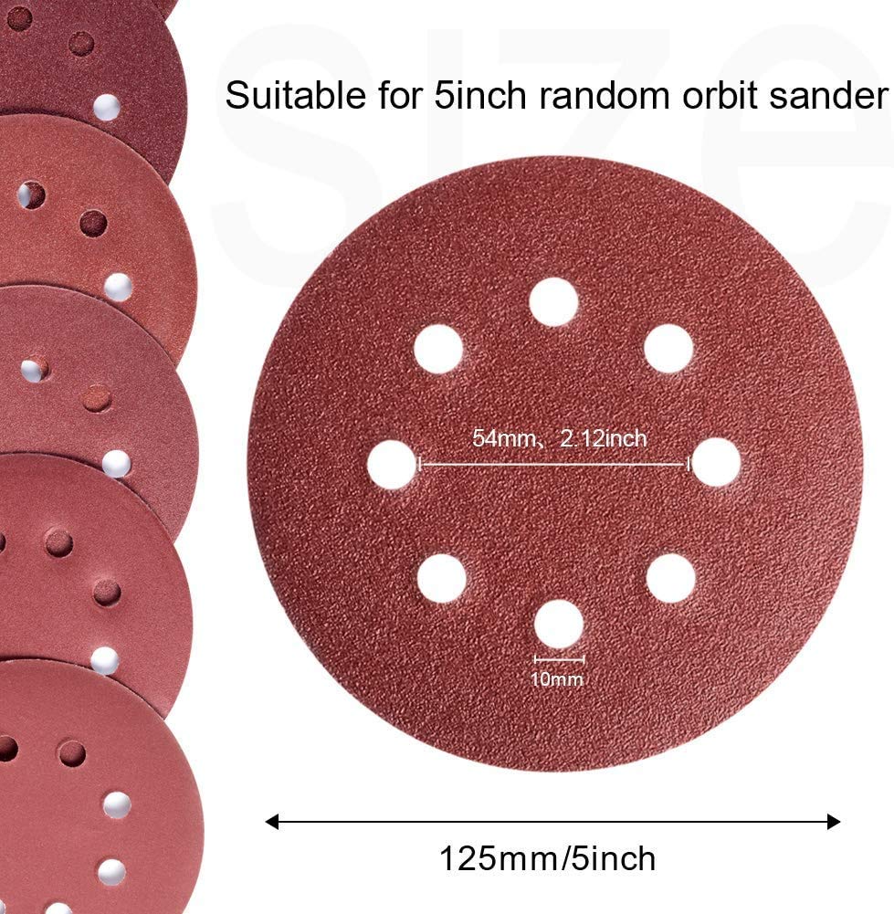 BRAND, CATEGORY, HOOK & LOOP DISCS, TAOKYID, 100PCS 5 Inch Sanding Discs Hook and Loop,60 80 120 180 240 Grit 8 Holes Sandpaper Assortment,Orbital Sander Sandpaper for Wood Working,Red