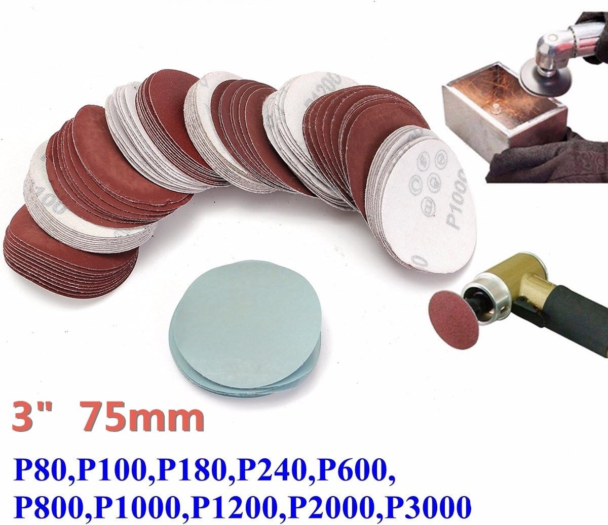 BRAND, CATEGORY, DDANKE, HOOK & LOOP DISCS, 100Pcs Sanding Pads 3" Sanding Discs Hook Loop 80/100/180/240/600/800/1000/1200/2000/3000 Assorted Grits