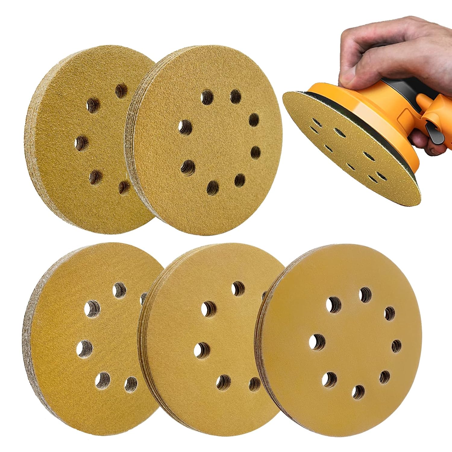 BRAND, CATEGORY, HOOK & LOOP DISCS, QYQRQF, 100pcs 5 Inch Sanding Discs Hook and Loop, Assorted 60 80 120 220 320 Grit 8 Holes Sandpaper Round Orbital Sander Paper for Woodworking Car Boat Metal Polishing, 20 Pcs/Grit