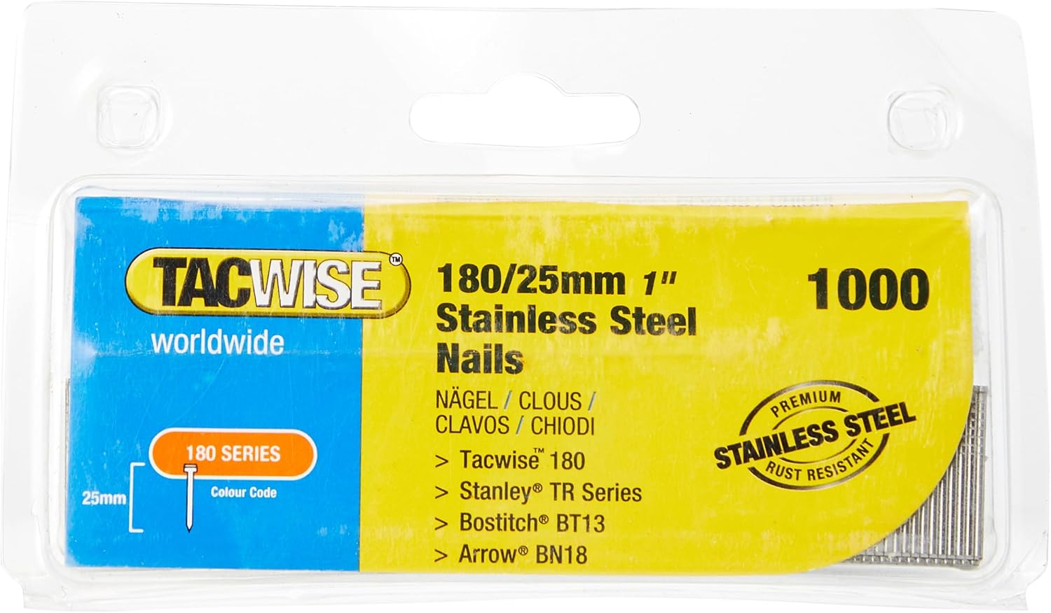 BRAD NAILS, BRAND, CATEGORY, TACWISE, 1066 Type 180 / 25mm Stainless Steel 18G Brad Nails, Pack of 1,000, Silver, 1000 Count