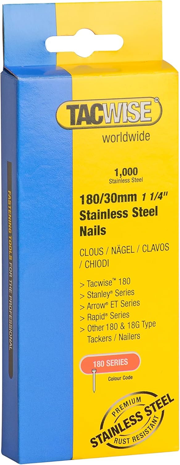 BRAD NAILS, BRAND, CATEGORY, TACWISE, 1066 Type 180 / 25mm Stainless Steel 18G Brad Nails, Pack of 1,000, Silver, 1000 Count