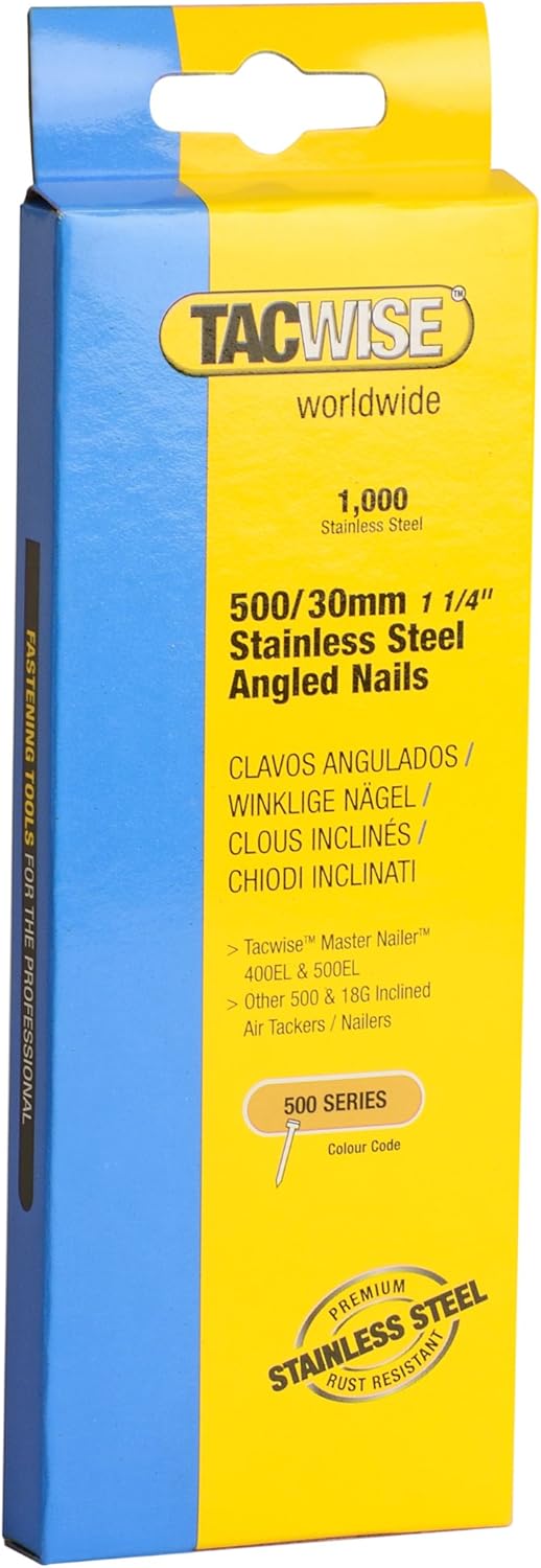 BRAD NAILS, BRAND, CATEGORY, TACWISE, 1132 Type 500 (18G) / 30 mm Stainless Steel Angled Brad Nails for 400ELS, 26° Incline, Pack of 1000, Silver