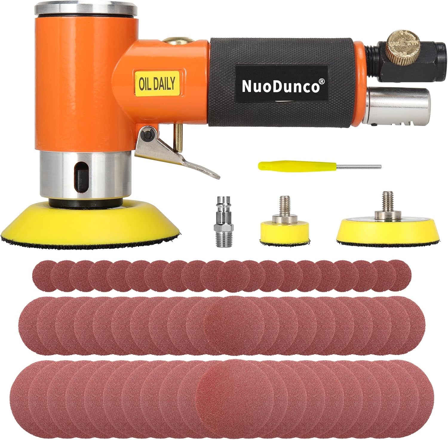 BRAND, CATEGORY, NUODUNCO, RANDOM-ORBIT SANDERS, 1/2/3 Inch Mini Random Orbital Air Sander Kit Industrial Grade Pneumatic Sander for Auto Body Work with 60 Pcs 1"2"3" Hook & Loop Sanding Discs for Metal & Woodworking