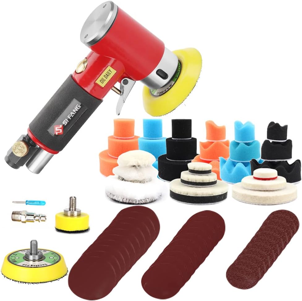 BRAND, CATEGORY, SANDERS, SI FANG, 1/2/3 Inch Random Orbital Air Sander Kit, Mini Pneumatic Da Sander Tool for Auto Body Work, Small Car Polisher with 27 Polishing Buffing Pads, 18 Sandpapers, 3 Hook and Loop Backing Pads