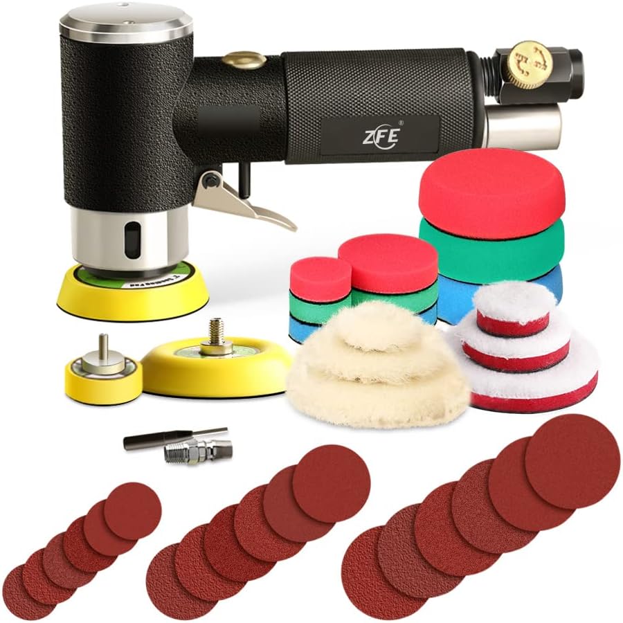 BRAND, CATEGORY, SANDERS, ZFE, 1/2/3 Inch Random Orbital Air Sander, Mini Pneumatic Sander for Auto Body Work, High Speed Air Powered Polisher with 15 Polishing Buffing Pads,18 Sandpapers