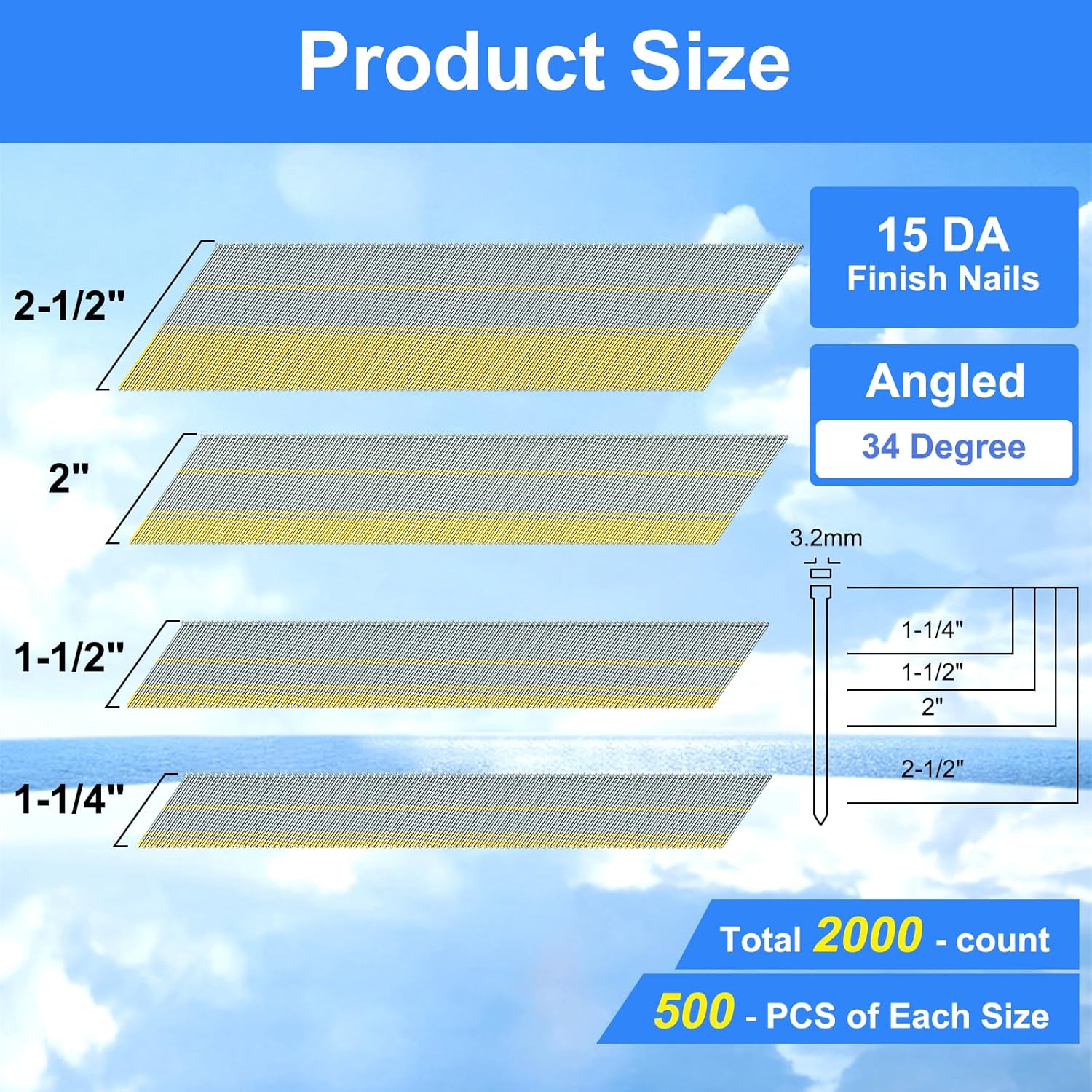 BRAND, CATEGORY, FINISH NAILS, SIMCOS, 15 Gauge 34-Degree DA Series Angled Finish Nails, (1-1/4", 1-1/2", 2", 2-1/2"), Galvanized Assorted Size Project Pack for Pneumatic, Electric Angled Finish Nailer or Nail Gun (Assembly 2000)