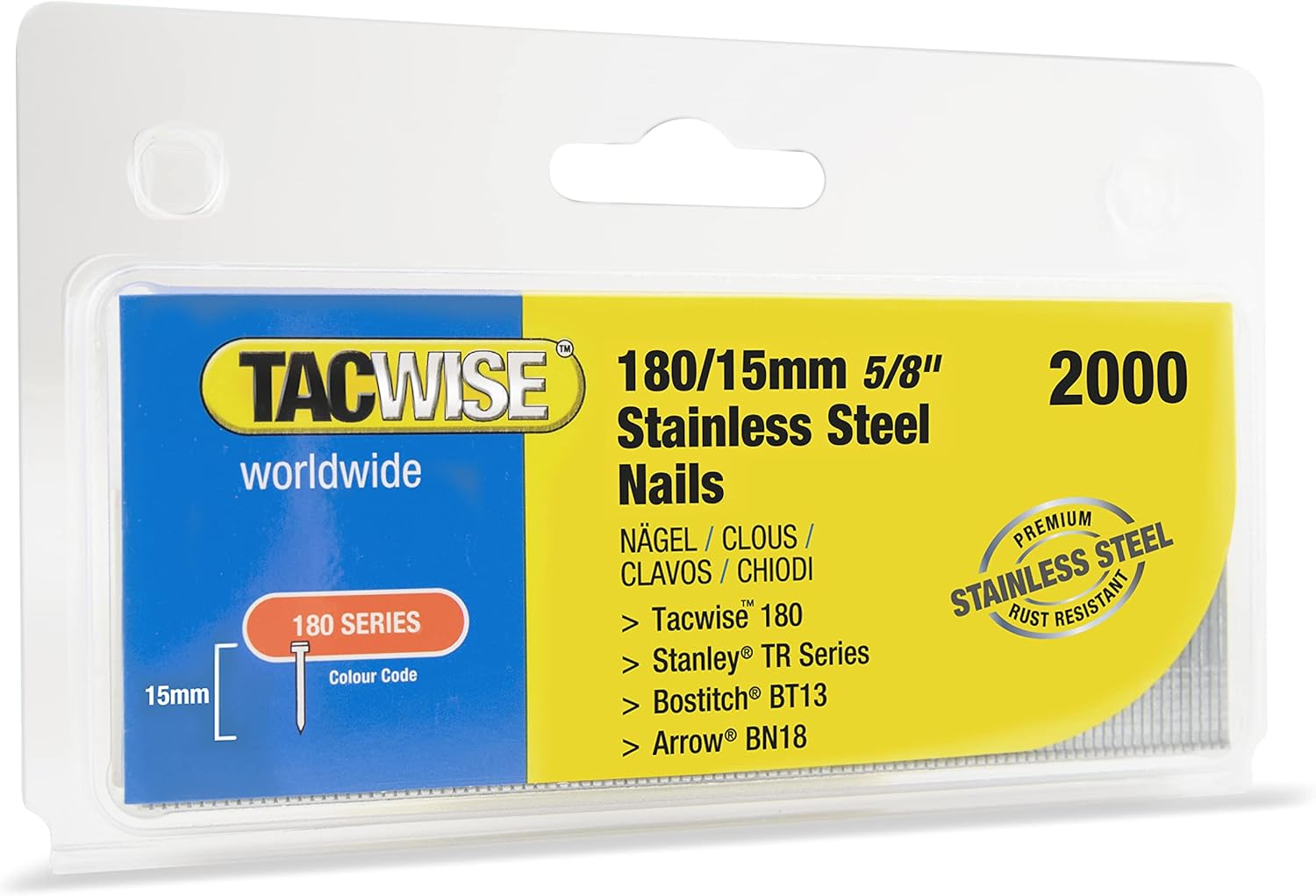 BRAD NAILS, BRAND, CATEGORY, TACWISE, 1509 Type 180/15 mm Stainless Steel 18G Brad Nails, Pack of 2,000, Silver