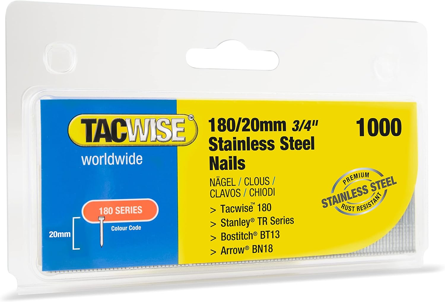 BRAD NAILS, BRAND, CATEGORY, TACWISE, 1510 Type 180/20 mm Stainless Steel 18G Brad Nails, Pack of 1,000, Silver