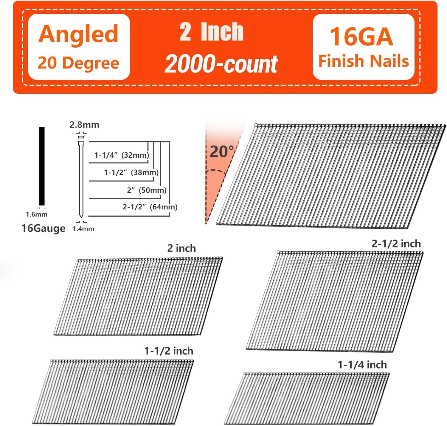 BRAND, CATEGORY, FINISH NAILS, SITLDY, 16 Gauge Angled Finish Nails, 20-Degree, 2000-Pack (2-1/2", 2", 1-1/2", 1-1/4" 500 Per Sizes), Galvanized Assorted Size Project Pack, for Pneumatic, Electric Angled Finish Nailer