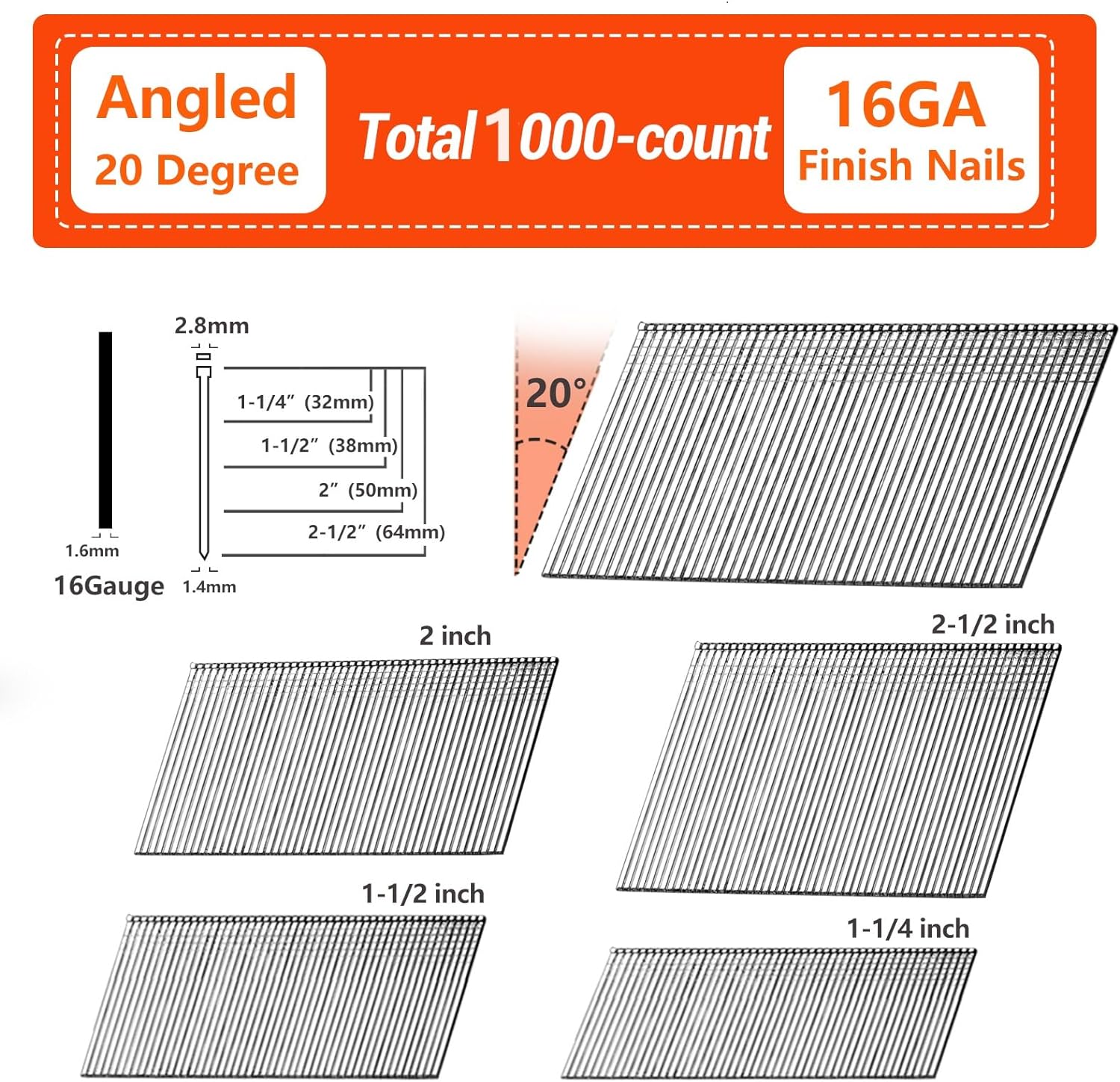 BRAND, CATEGORY, FINISH NAILS, SITLDY, 16 Gauge Angled Finish Nails, 20-Degree, 900-Pack (1-1/4", 2", 2-1/2", 300 Per Sizes), Galvanized Assorted Size Project Pack