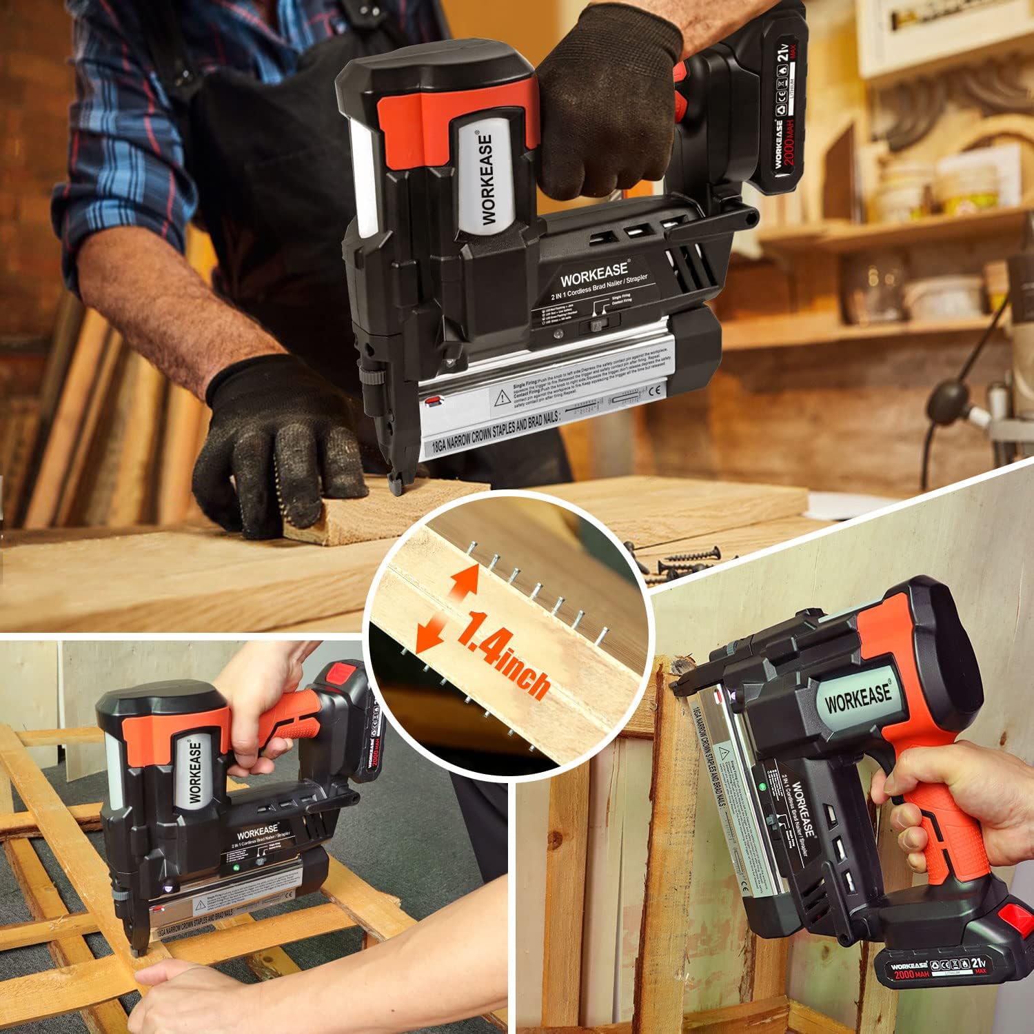 BRAD NAILERS, BRAND, CATEGORY, WORKEASE, 18 GA Brad Nailer Battery Powered, 2 in 1 Cordless Nail Gun with 20V 2.0Ah Battery, Fast Charger, 1500 Nails & 980 Staples, Electric Staple Gun for Furniture Woodworking