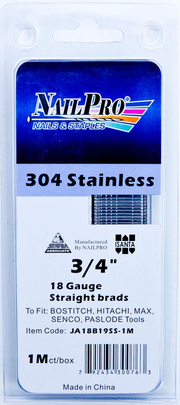 BRAD NAILS, BRAND, CATEGORY, NAILPRO, 18 Ga x 3/4" Stainless Steel Brad Nails, 1000 Count (3/4")