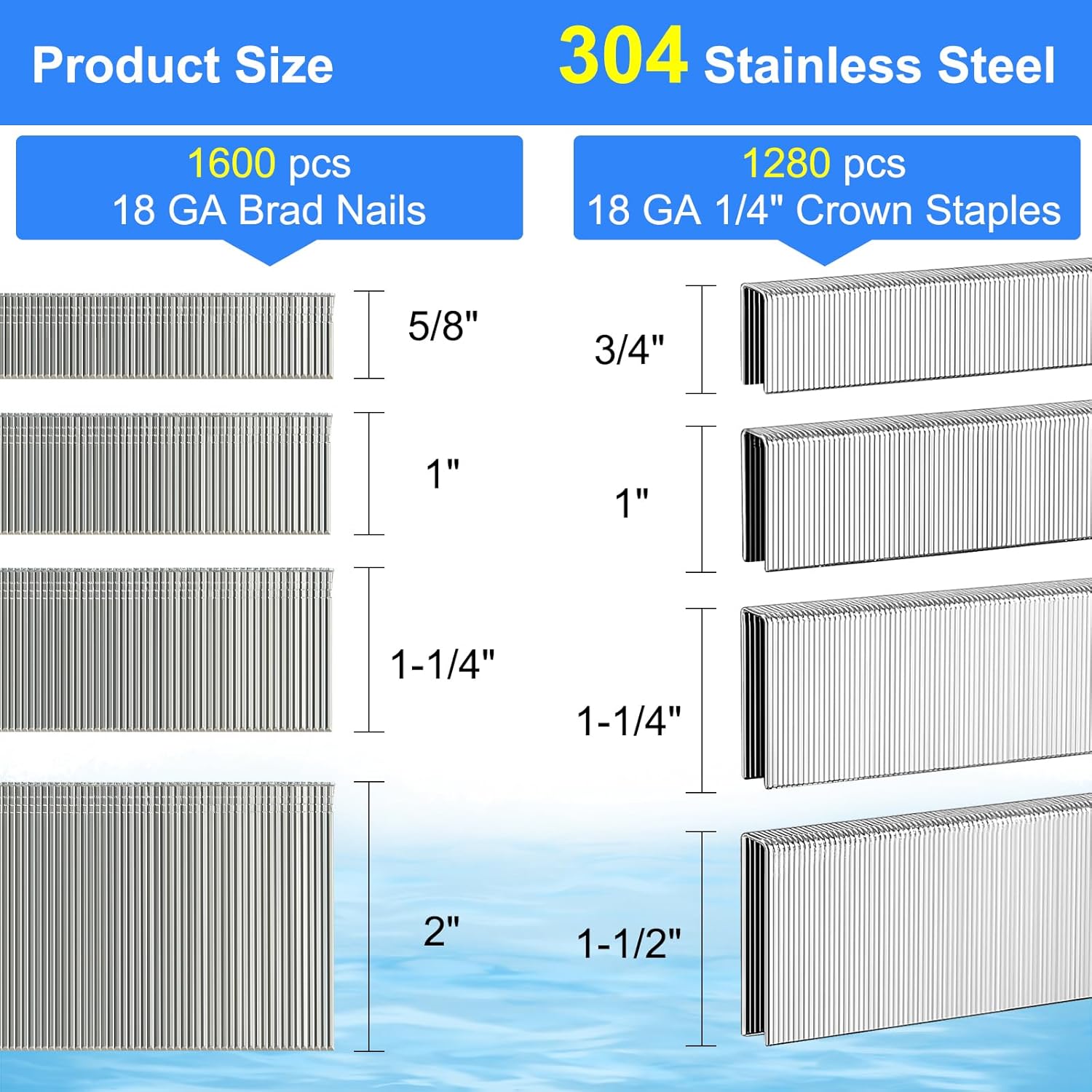 BRAD NAILS, BRAND, CATEGORY, SIMCOS, 18 Gauge 304 Stainless Steel 1/4" Norrow Crown Staples (3/4"~1 1/2") & Brad Nails (5/8"~2") 2880 PCS 18 GA Nail Gun Nails and Staples for Pneumatic, Electric Brad Nailer or Stapler