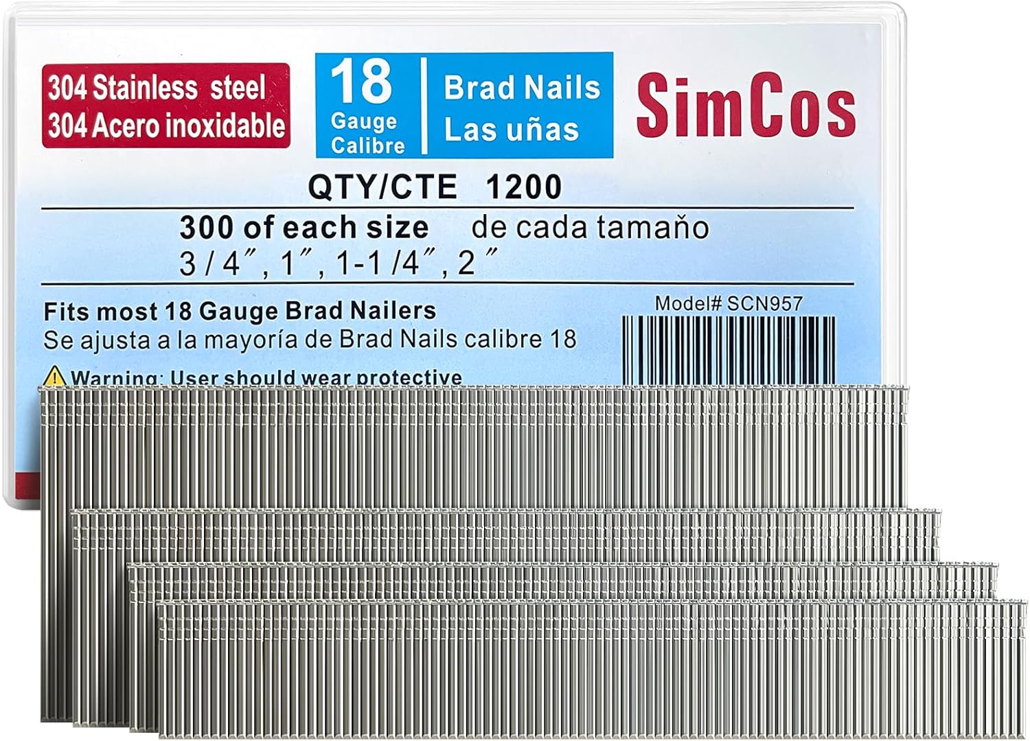 BRAD NAILS, BRAND, CATEGORY, SIMCOS, 18 Gauge 304 Stainless Steel Brad Nails (2",1-1/4" 1", 3/4"), Assorted 1200 Counts for 18 GA Pneumatic or Electric Brad Nailer or Brad Nail gun,Project Pack