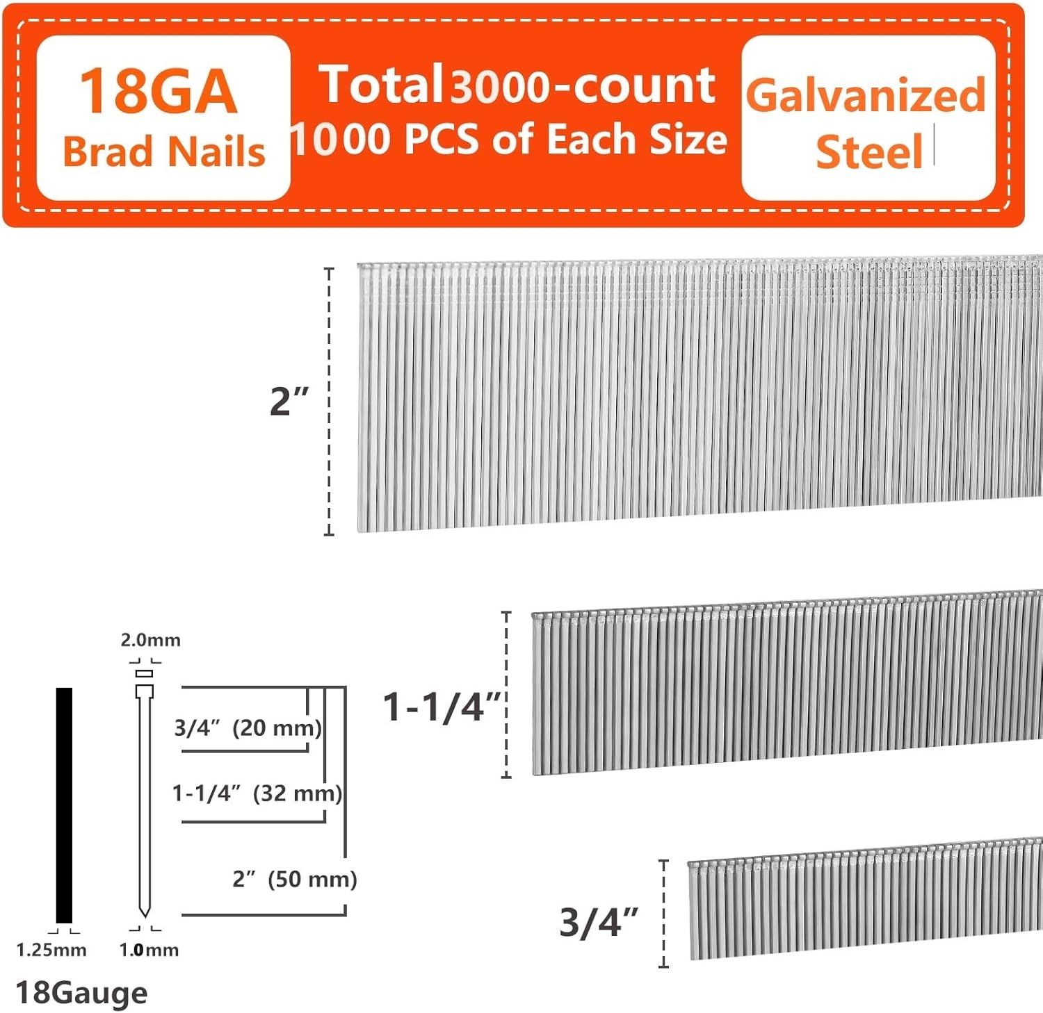 BRAD NAILS, BRAND, CATEGORY, SITLDY, 18 Gauge Galvanized Brad Nails 3000-Pack (3/4"-1000, 1-1/4"-1000, 2"-1000 Pcs), Assorted Size Project Pack, for Pneumatic, Electric Brad Nailers