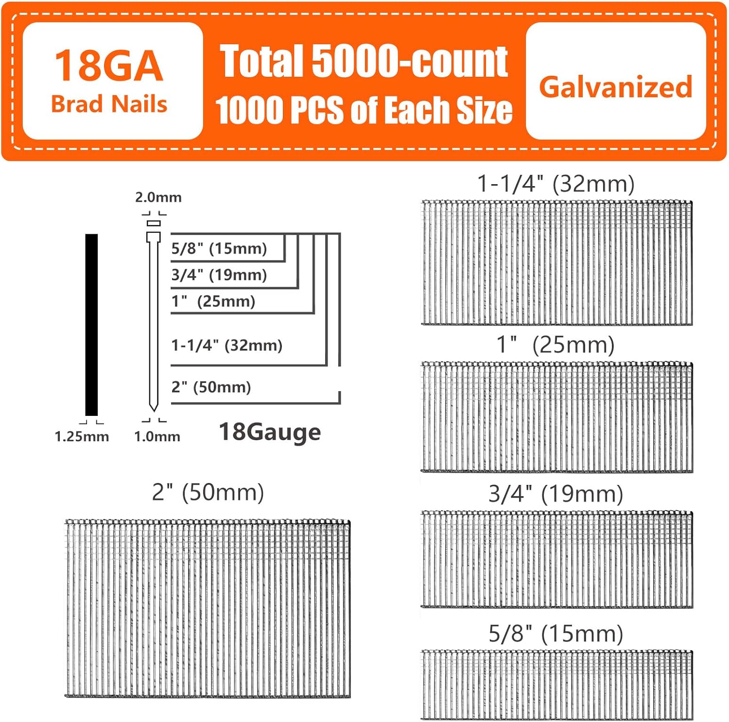 BRAD NAILS, BRAND, CATEGORY, SITLDY, 18 Gauge Galvanized Brad Nails Brown T-Head 5 Sizes 5000-Pack (5/8"+3/4"+1"+1-1/4"+2"),1000 per Size, Assorted Size Project Pack, for Pneumatic, Electric 18GA Brad Nailer Gun