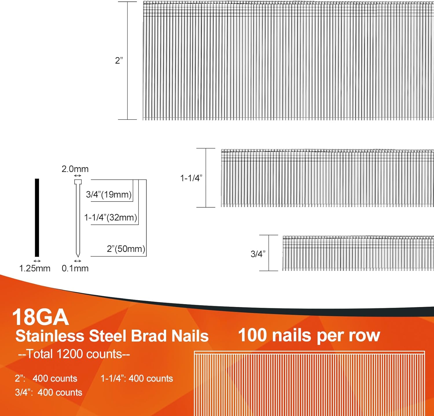 BRAD NAILS, BRAND, CATEGORY, PINOZE, 18 Gauge Stainless Steel Brad Nails, 1200-Count (2", 1-1/4", 3/4", 400 Per Size), 304 Stainless Steel Small Finishing Nail Gun Nails for Pneumatic, Electric Brad Nailer Gun