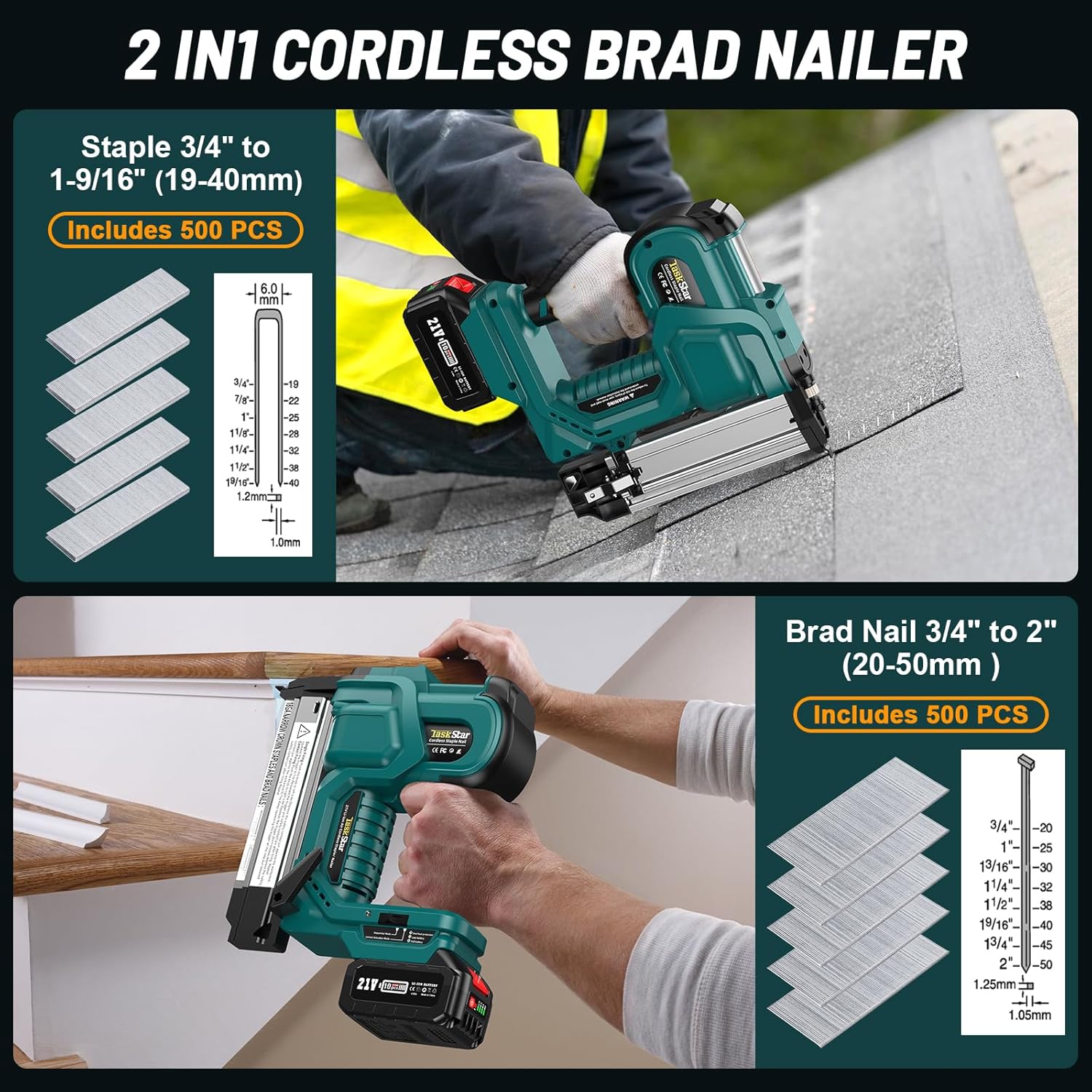 BRAD NAILERS, BRAND, CATEGORY, TASKSTAR, 18GA Nail Gun Battery Powered,TaskStar 21V Cordless Nail Gun,2-in-1 Nail Gun with 4.0A Battery and Charger Included,Adjustable Depth,Single or Contact Firing for Upholstery & Woodworking