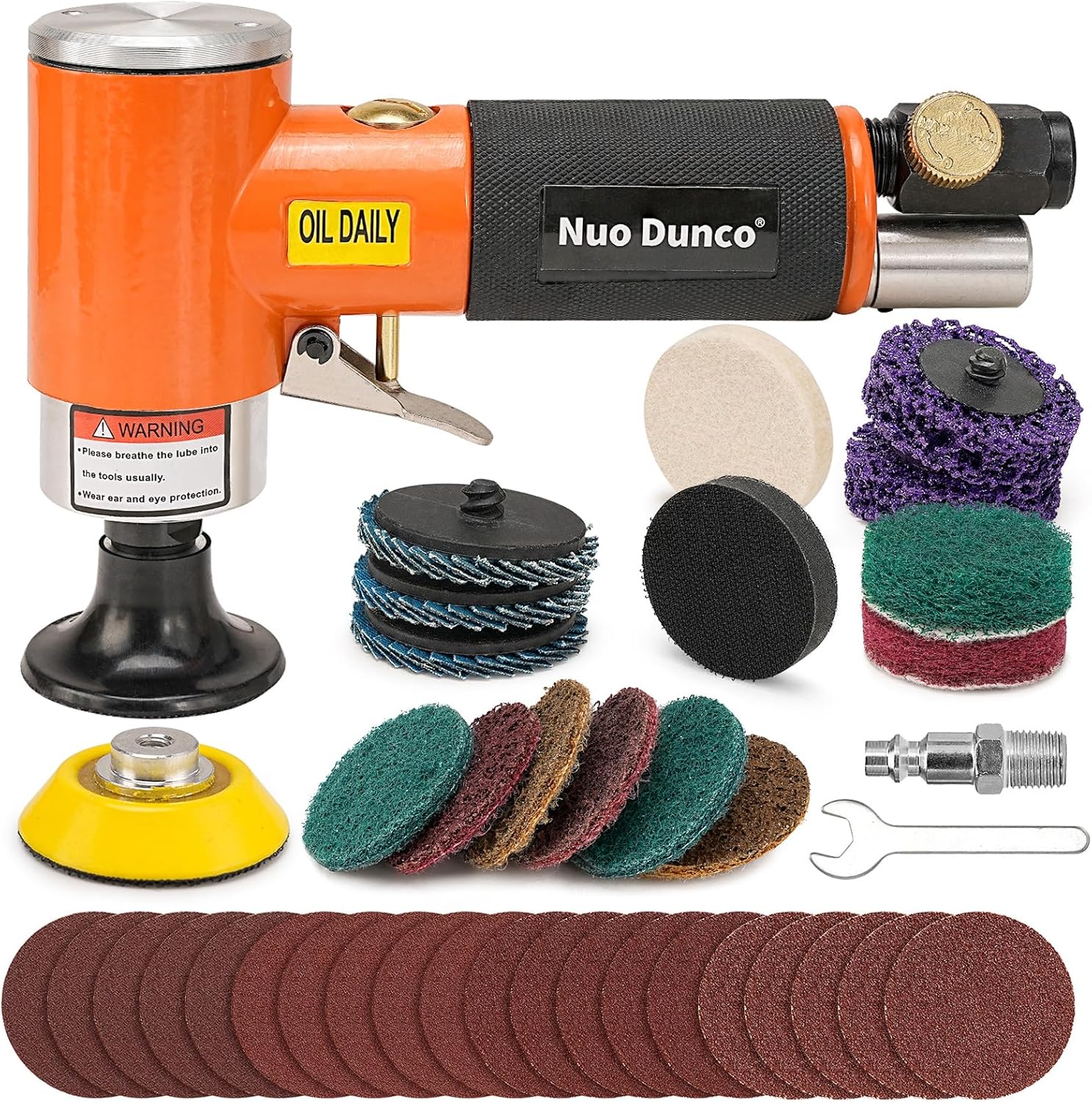 BRAND, CATEGORY, NUODUNCO, RANDOM-ORBIT SANDERS, 2 Inch Mini Orbital Air Sander Kit 2-in-1 Industrial Grade Pneumatic Sander for Auto Body Work with 40 Pcs 2" Quick Change + Hook & Loop Sanding Discs for Metal & Woodworking