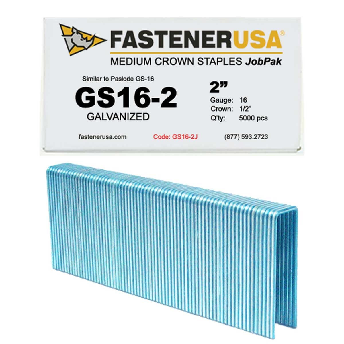 BRAND, CATEGORY, FASTENERUSA, STAPLES, 2" LEG x 1/2" CROWN 16GA GALV GS-16 STAPLES 5,000ct | GS16-2J