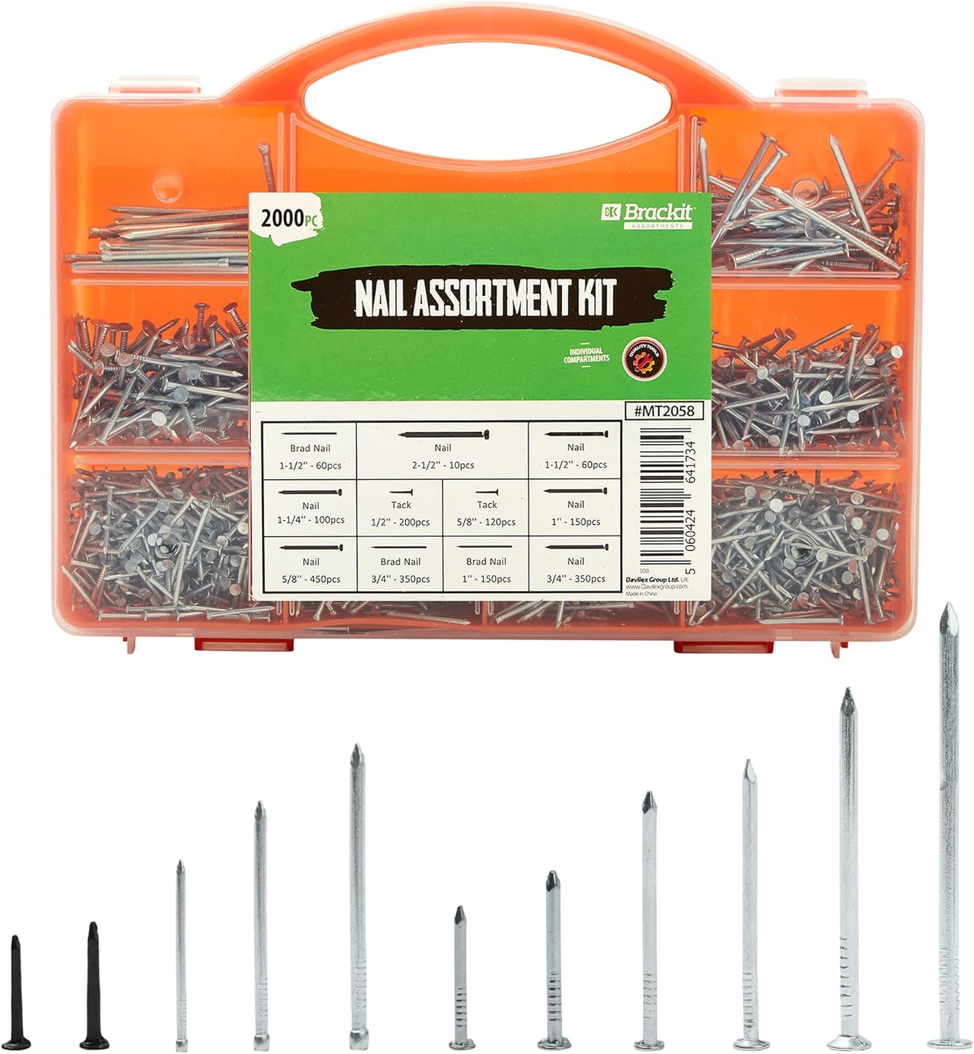 BRACKIT, BRAD NAILS, BRAND, CATEGORY, 2,000 Piece Nail Assortment Set with Storage Case – Including Wire Nails, Brad Nails & Tacks - for DIY, Craft, Masonry, Woodwork, Décor