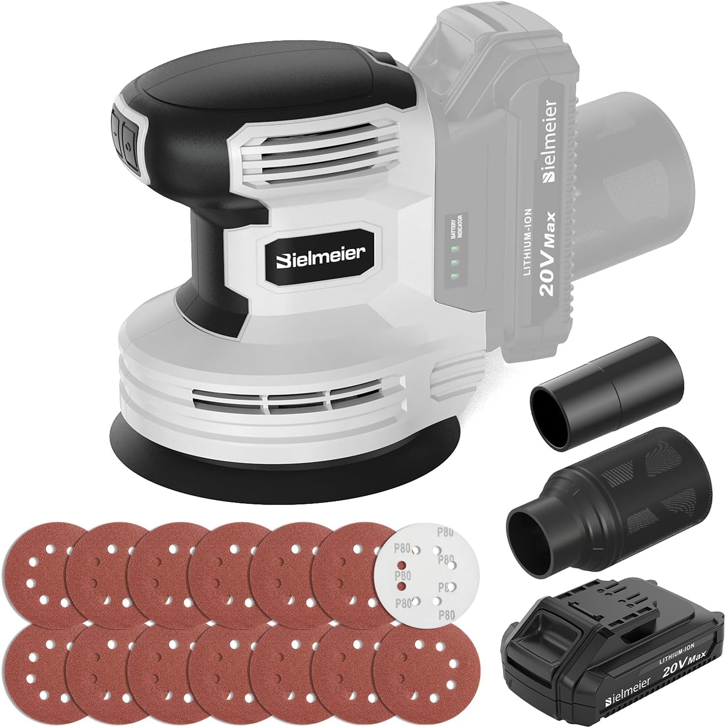 BIELMEIER, BRAND, CATEGORY, RANDOM-ORBIT SANDERS, 20V Cordless Random Orbital Sander Kit with Vacuum Attachment,2.0Ah Battery,6 Variable Speed Electric Hand Sander with 15-Piece Hook & Loop Sandpaper for Woodworking Sanding