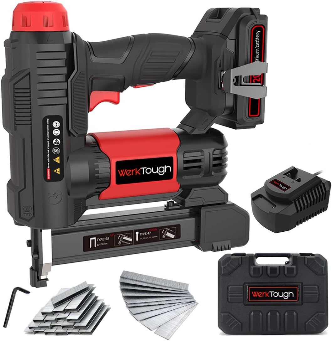 BRAND, CATEGORY, STAPLERS & TACKERS, WERKTOUGH, 20v Cordless Staple Gun Brad Nailer 2 in 1 Aluminum metal magzine 1 Hour Fast Charger 2000mA Lithium Battery 2000pcs Free Staples(90 4/5”1000+18GA 1”x1000) in Tool Case