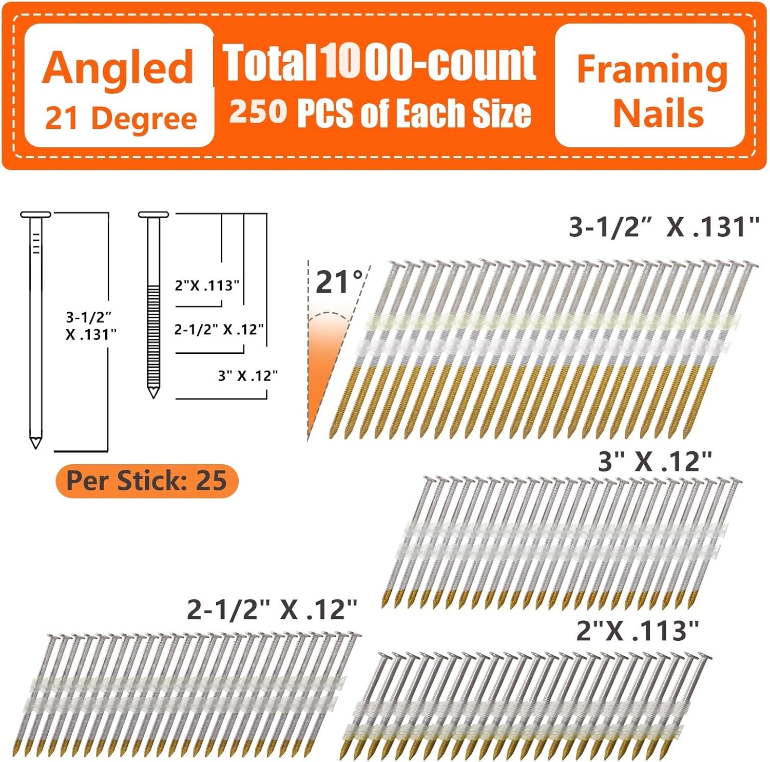 BRAND, CATEGORY, FRAMING NAILS, SITLDY, 21 Degree Framing Nails 1000 Count, 4 Sizes (2"+2-1/2"+3.0" Ring Shank+3-1/2" Smooth Shank), Full Round Head Hot Dipped Galvanized, 250 per Size, Assorted Size, 20 to 22 Degree Framing Nailer