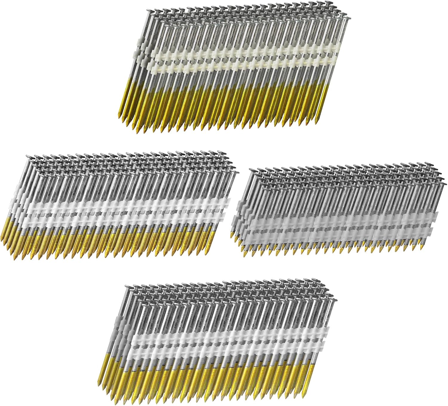 BRAND, CATEGORY, FRAMING NAILS, SITLDY, 21 Degree Framing Nails 1000 Count, 4 Sizes (2"+2-1/2"+3.0" Ring Shank+3-1/2" Smooth Shank), Full Round Head Hot Dipped Galvanized, 250 per Size, Assorted Size, 20 to 22 Degree Framing Nailer