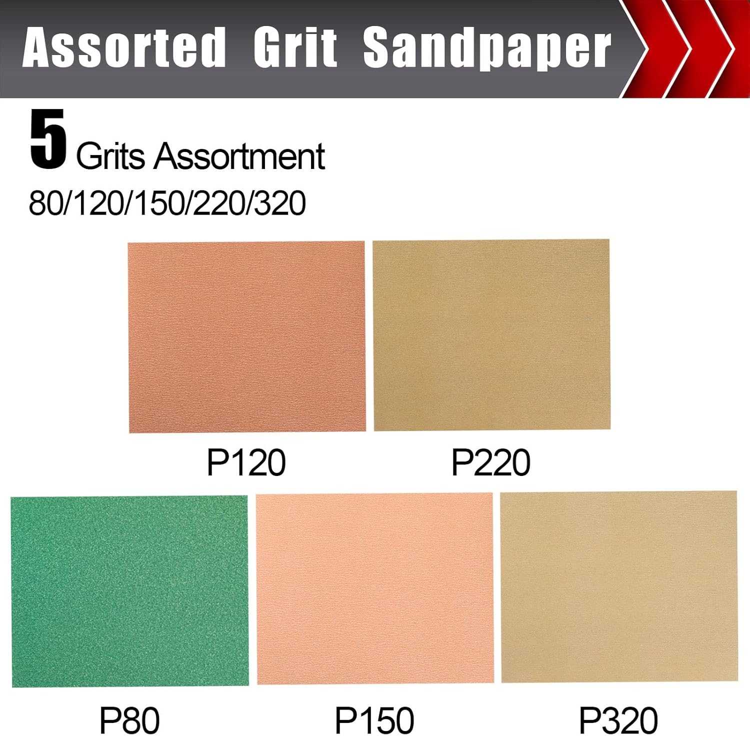 BRAND, CATEGORY, MOJUCRAFT, SANDING SHEETS, 25 Pcs Premium Sandpaper, Sandpaper Assortment Sand Paper 80/120/150/220/320 Grit Sandpaper Sheets Sandpaper for Wood Metal Furniture Hand Sander Cut for Use 9" x 11"