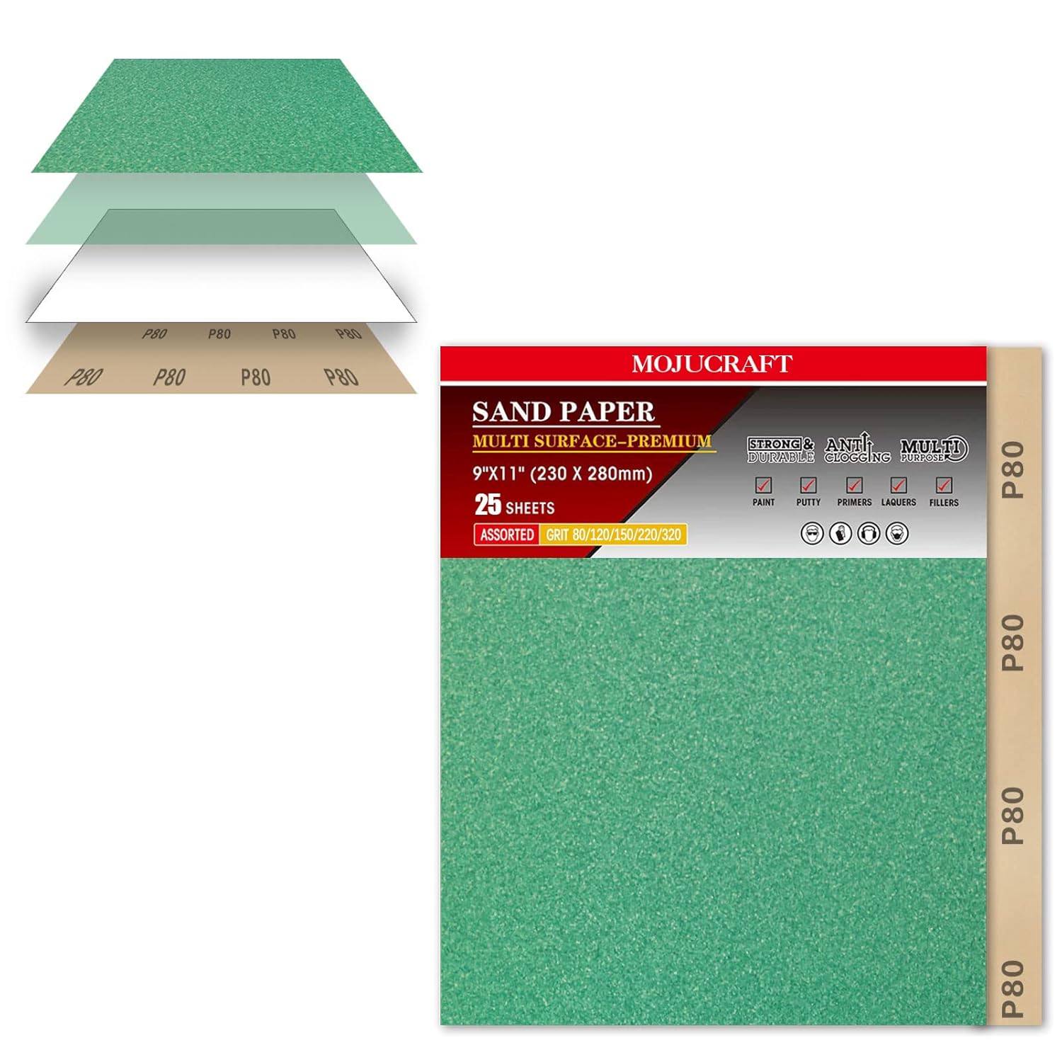 BRAND, CATEGORY, MOJUCRAFT, SANDING SHEETS, 25 Pcs Premium Sandpaper, Sandpaper Assortment Sand Paper 80/120/150/220/320 Grit Sandpaper Sheets Sandpaper for Wood Metal Furniture Hand Sander Cut for Use 9" x 11"