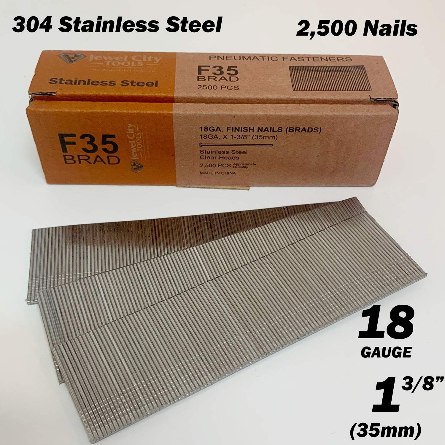 BRAD NAILS, BRAND, CATEGORY, JEWEL CITY TOOLS, 2,500 Stainless Steel 18 Gauge 18Ga 1-3/8 inch 35mm Brad Nails F35 18G 1 3/8 Inch SS,J-F35-SS-25