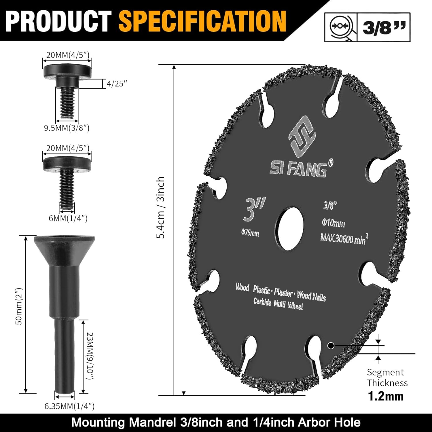 BRAND, CATEGORY, CUT-OFF WHEELS, SI FANG, 3 Inch Cut Off Wheel with 1/4" Mandrel Adapter for Die Grinder, 3/8" Arbor Tungsten Carbide Blade Cutting Wheel for Drill, for Wood/Nails/Plastic/Plaster/Resin, Rotary Tool Attachments Cutter Disc