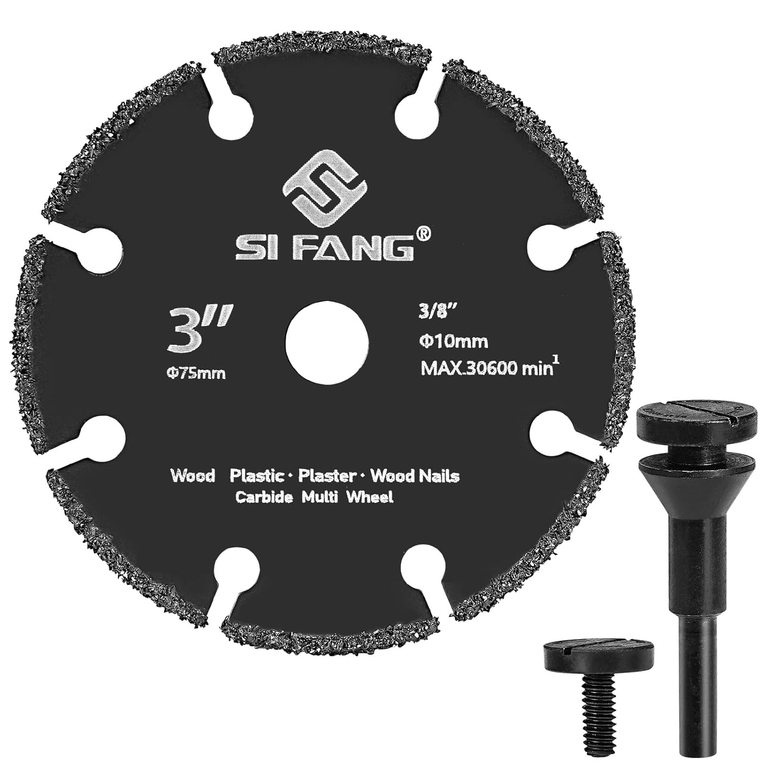 BRAND, CATEGORY, CUT-OFF WHEELS, SI FANG, 3 Inch Cut Off Wheel with 1/4" Mandrel Adapter for Die Grinder, 3/8" Arbor Tungsten Carbide Blade Cutting Wheel for Drill, for Wood/Nails/Plastic/Plaster/Resin, Rotary Tool Attachments Cutter Disc