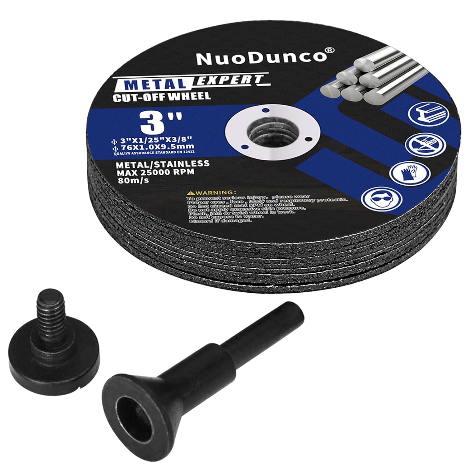 BRAND, CATEGORY, CUT-OFF WHEELS, NUODUNCO, 3 Inch Cut Off Wheels with 1/4 Stem Mounting Mandrel for Die Grinder, 3” x 1/25” x 3/8” Cutting Discs 10Pack for Metal & Stainless Steel Rotary Tool Drill Attachment Cutter Discs