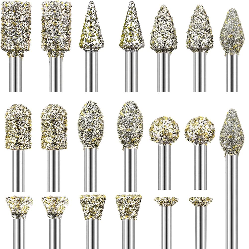 BRAND, CATEGORY, CUTTING BURRS, SI FANG, 30Pcs Diamond Grinding Burr Drill Bit Stone Carving Rotary Tool Accessories Polishing Mix Set with 1/8 inch Shank, Diamond Coated Burr Bits Universal for Stone Glass Ceramics Engraving DIY Grinding