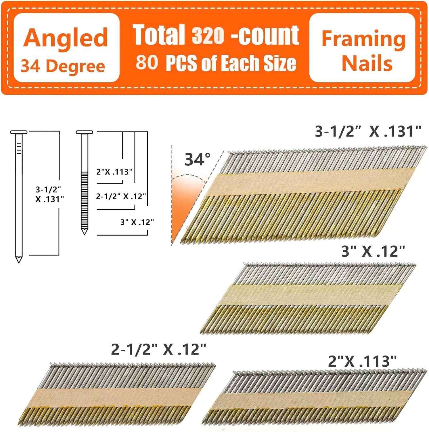 BRAND, CATEGORY, FRAMING NAILS, SITLDY, 34-30 Degree Framing Nails 4 Sizes (2"+2-1/2"+3.0" Ring+3-1/2" Smooth), D Head Hot Dipped Galvanized Paper Tape Strip Nails, 160 PCS per Size, 640 Count, for 30 to 34 Degree Framing Nailer