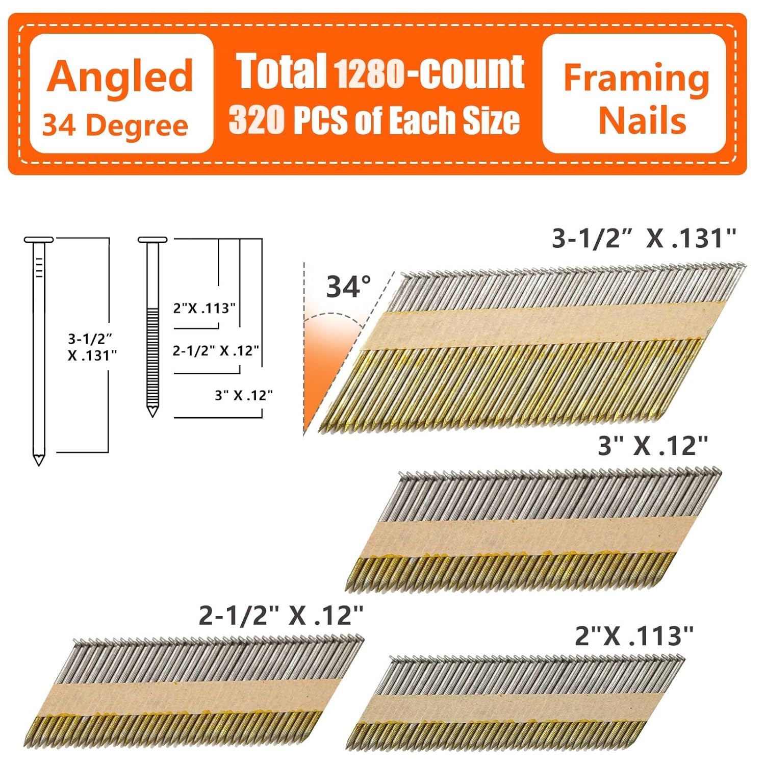 BRAND, CATEGORY, FRAMING NAILS, SITLDY, 34-30 Degree Framing Nails 4 Sizes (2"+2-1/2"+3.0" Ring+3-1/2" Smooth), D Head Hot Dipped Galvanized Paper Tape Strip Nails, 320 PCS per Size, 1280 Count, for 30 to 34 Degree Framing Nailer