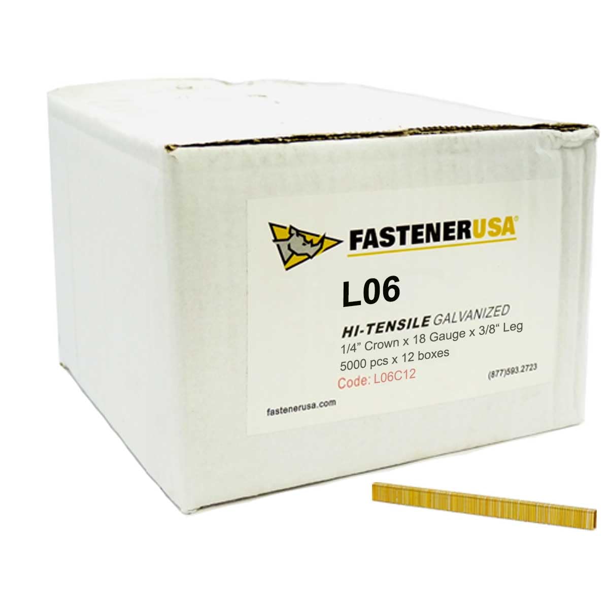 BRAND, CATEGORY, FASTENERUSA, STAPLES, 3/8" LEG x 1/4" CROWN 18GA GALV L06 STAPLES 60,000ct | L06C12