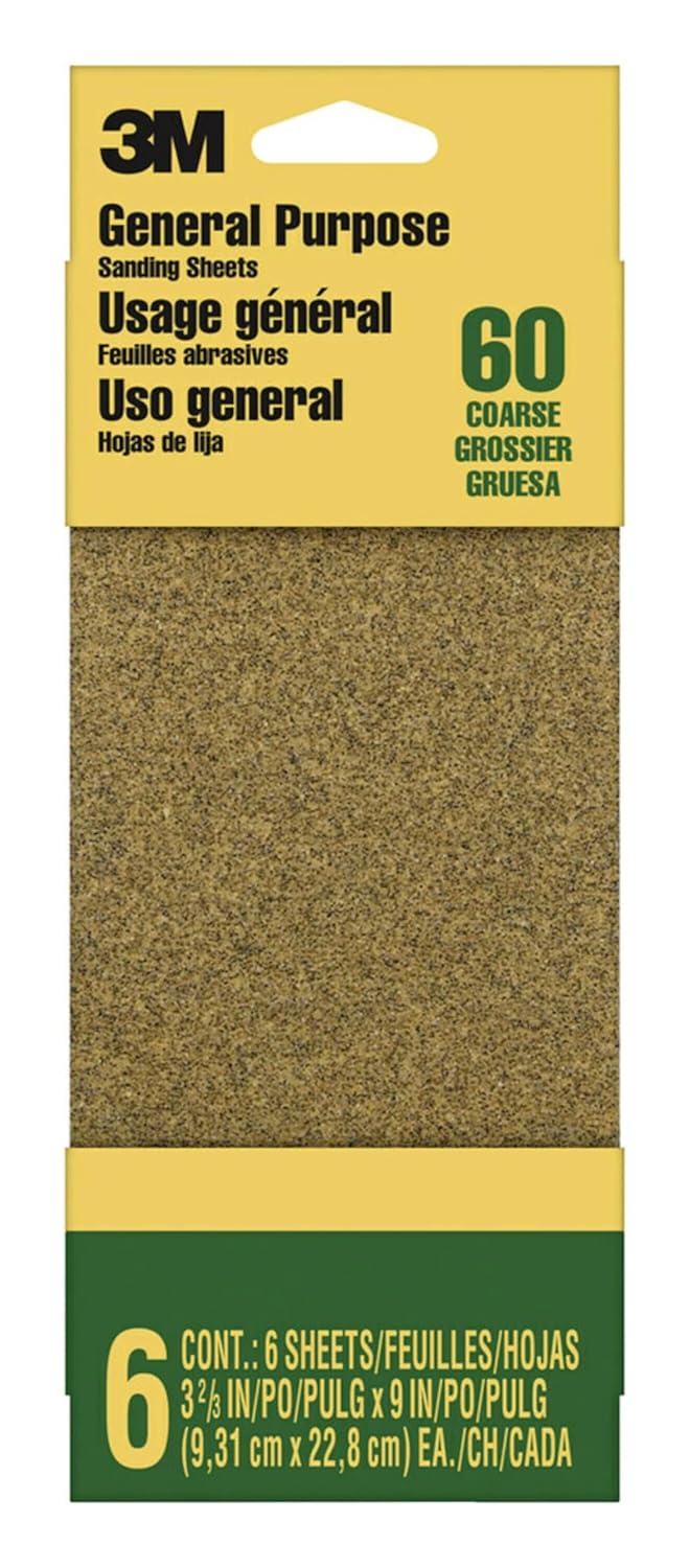 3M, BRAND, CATEGORY, SANDING SHEETS, 3M Sandpaper, 60 Grit, 6 Sheets, 3-2/3 in x 9 in, Sands Paint, Wood & Metal, Great for General Purpose Sanding, Coarse Aluminum Oxide Sand Paper (9017NA-CC)