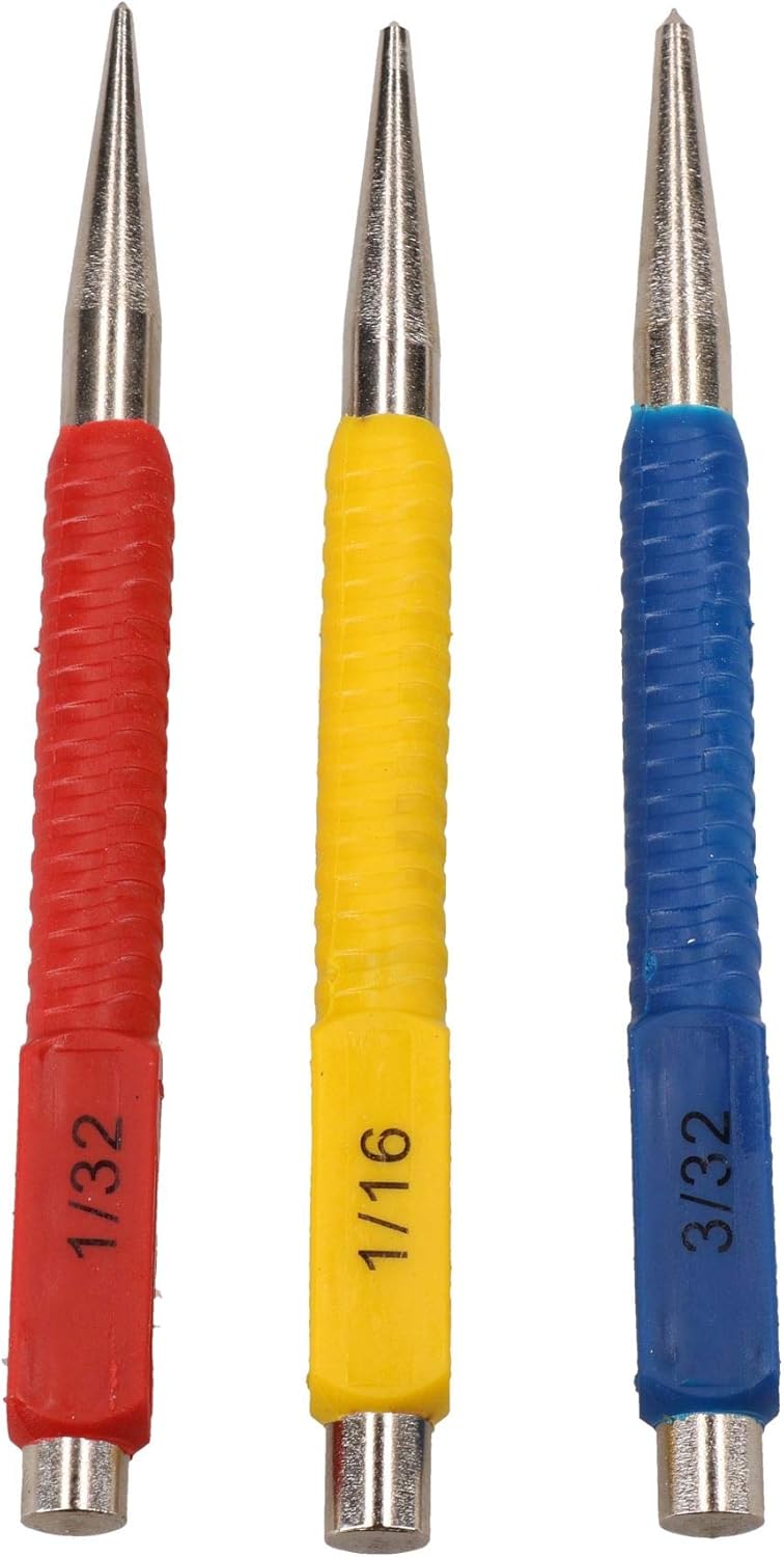 AB TOOLS, BRAND, CATEGORY, CENTER PUNCHES, 3pc Centre Punch Metal Nail Brads Dot Marking Set Colour Coded 1.5mm - 3mm