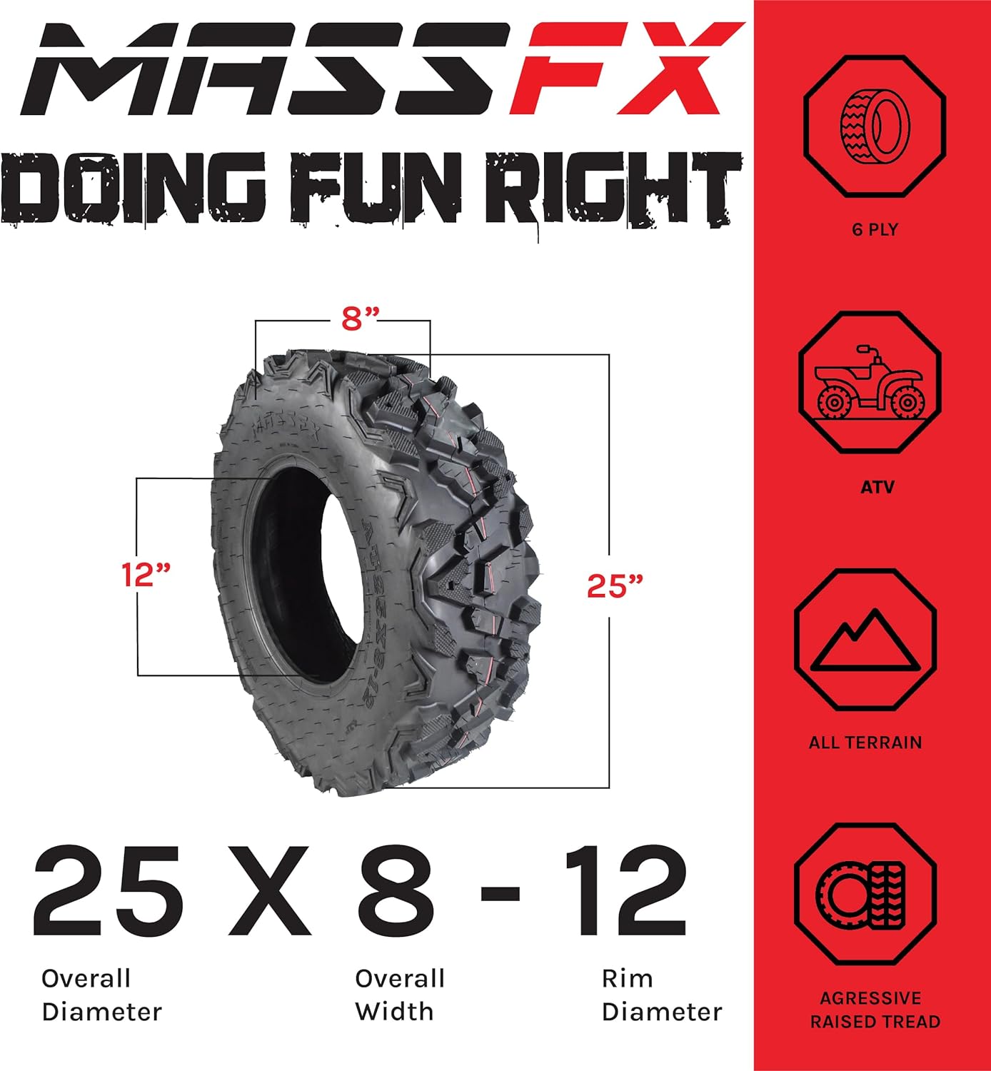 BRAND, CATEGORY, MASSFX, TRAIL, 4 New 25x8-12 25x10-12 KT MASSFX ATV UTV all-terrain Tire Set 6 PLY 25" 25x8x12 25x10x12 Tubeless Tires